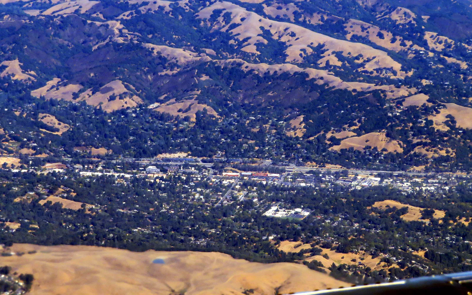 Aerial view of Lafayette, California residential neighborhoods in the East Bay foothills